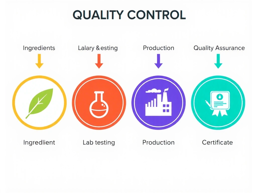 Diagramă stilizată a unui proces de control al calității cu pictograme pentru selecție, testare, producție și certificare.