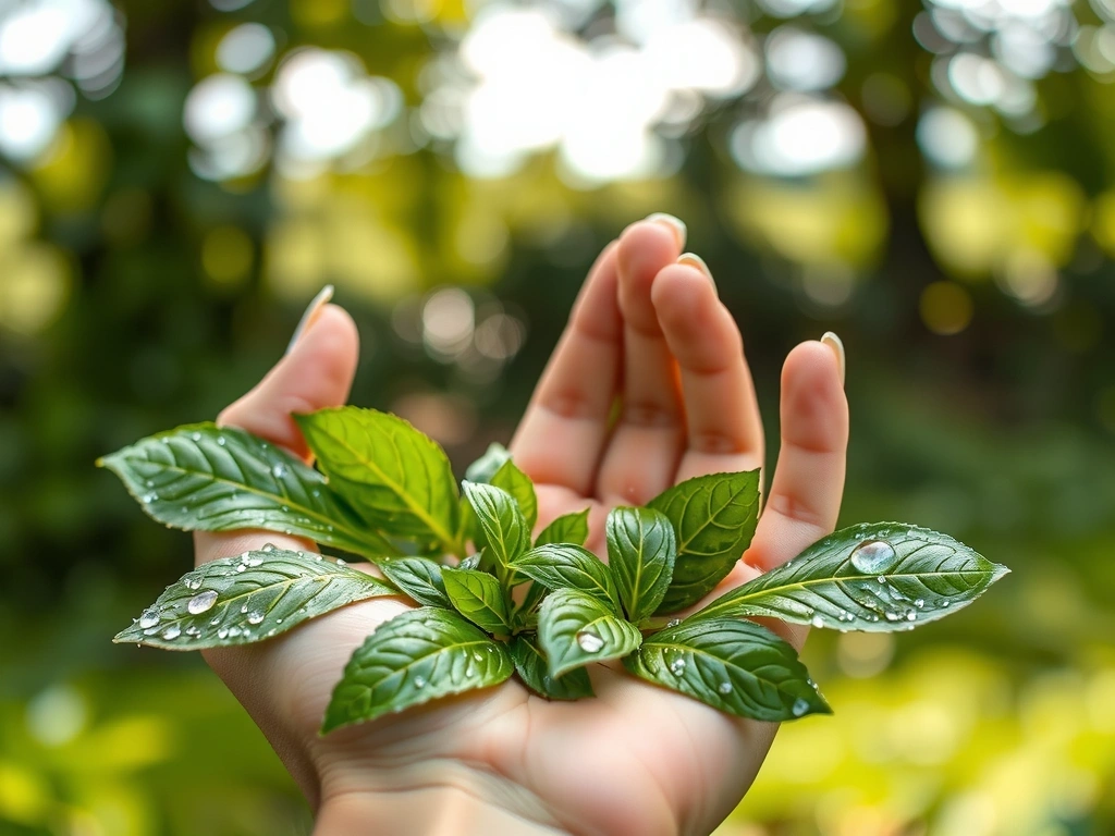Mână care ține plante proaspete, simbolizând natura și puritatea ingredientelor Naturavitala.