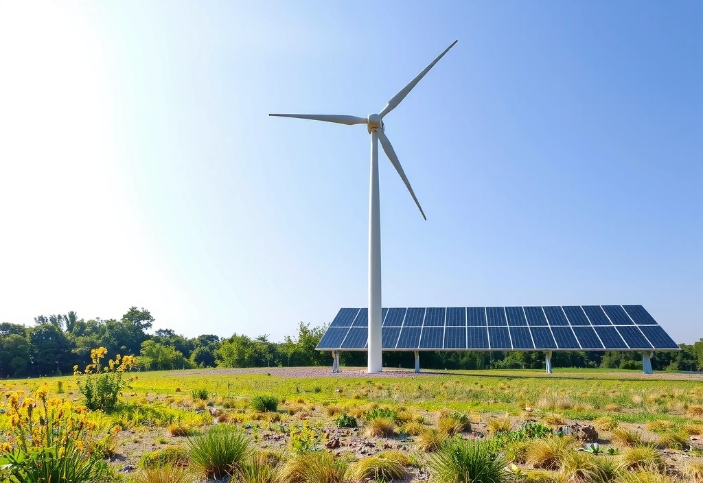 O turbină eoliană și panouri solare într-un peisaj verde, simbolizând energia regenerabilă.