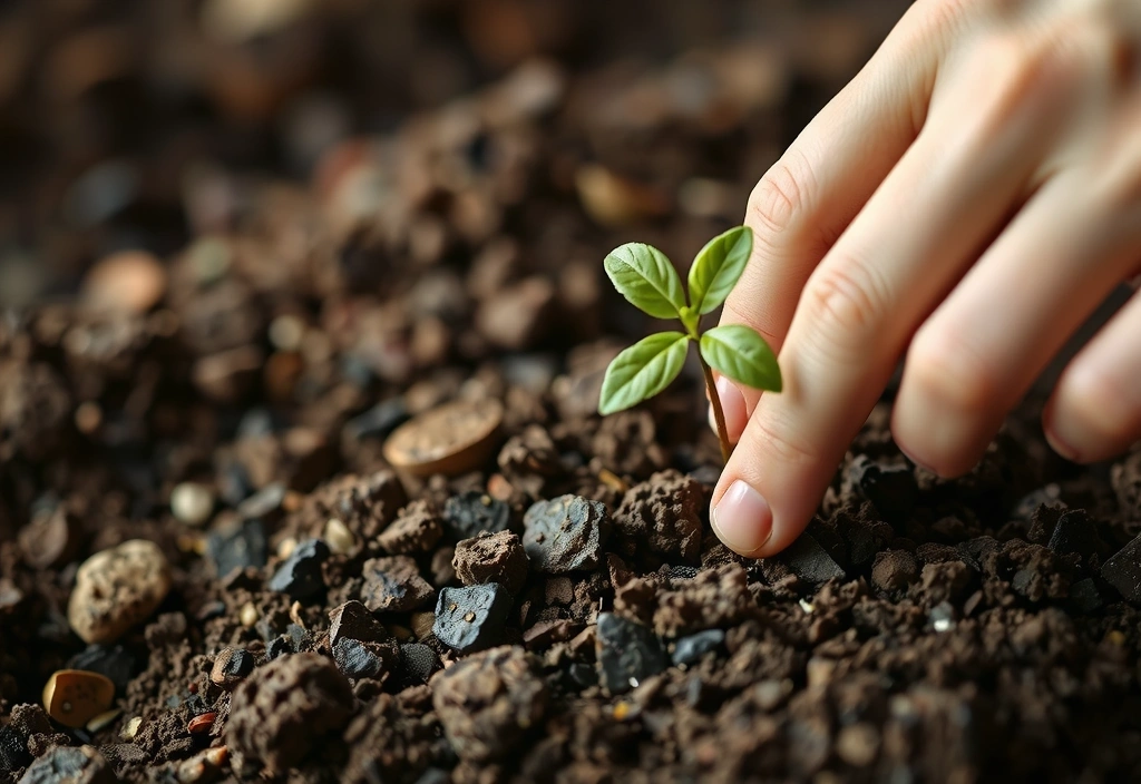 O mână plantând un răsad într-un sol fertil, simbolizând misiunea de a crește sănătatea și bunăstarea.